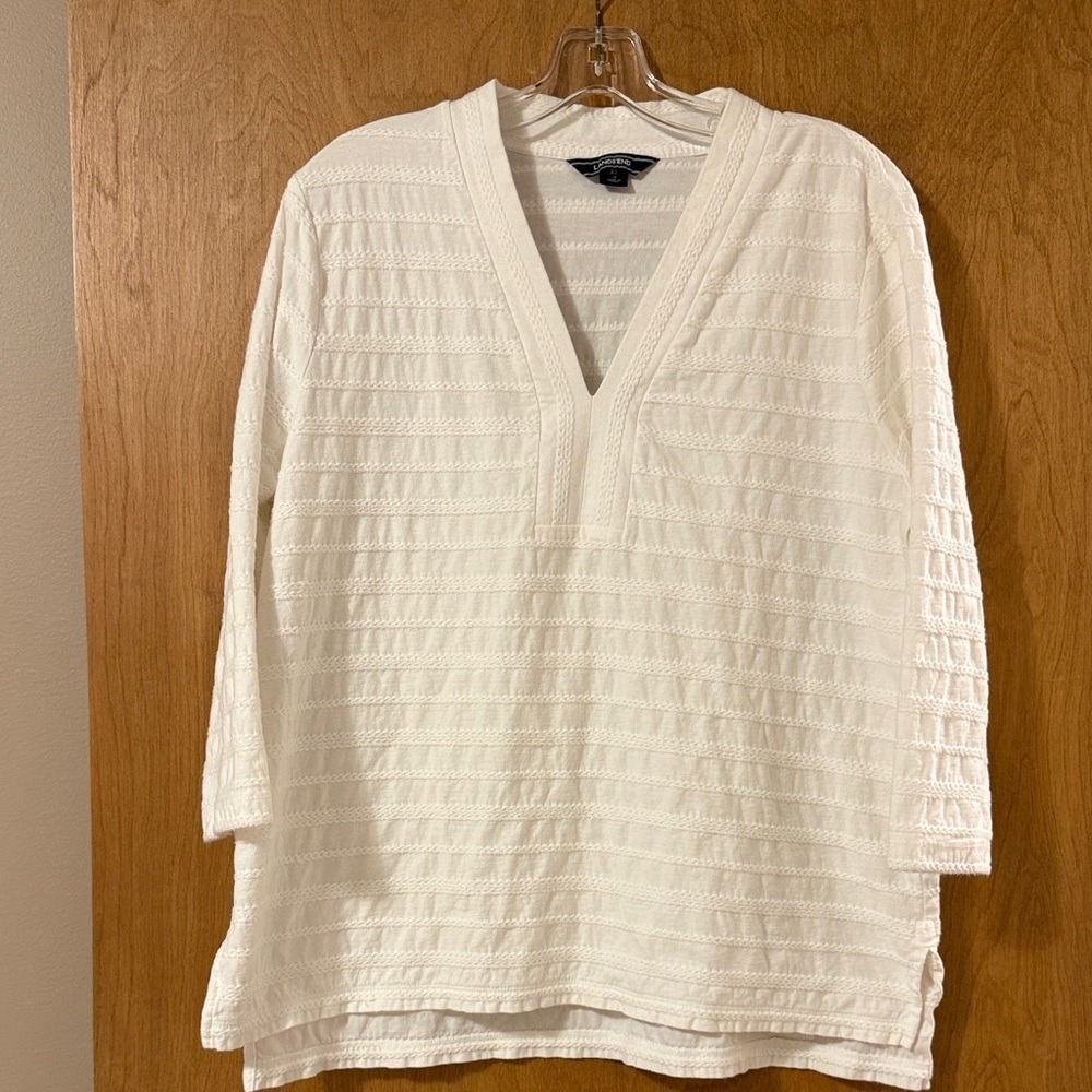 Lands' End White‎ Textured Stripe V-Neck Tunic Women's XL 18 Cotton 3/4 Sleeve
